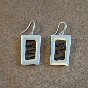 Artisan‑Style Geometric Earrings – Silver Frame & Black Cord Design (Pierced)